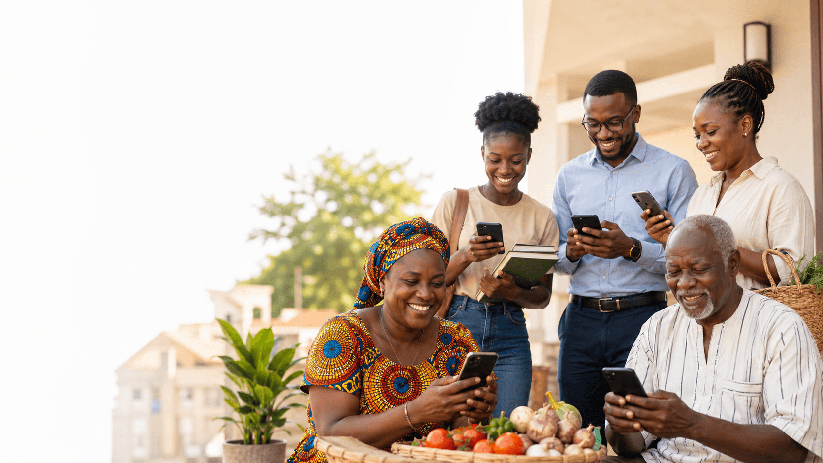 Families and working adults in Ghana using mobile phones together