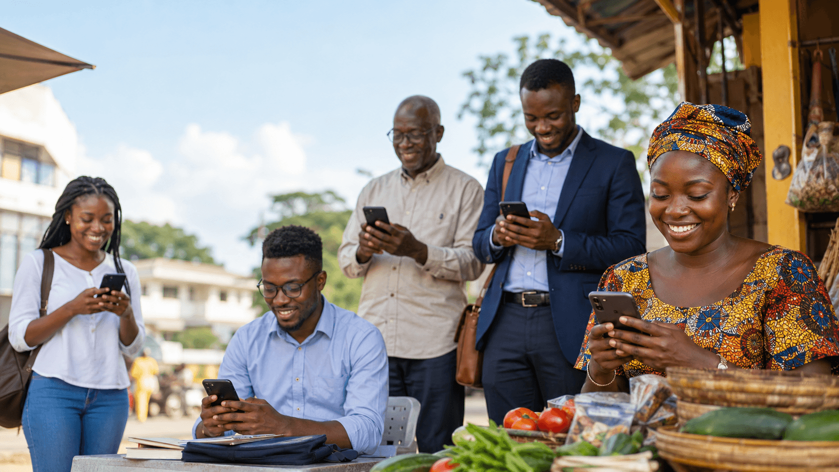 Ghanaian shoppers and professionals using smartphones in a community setting