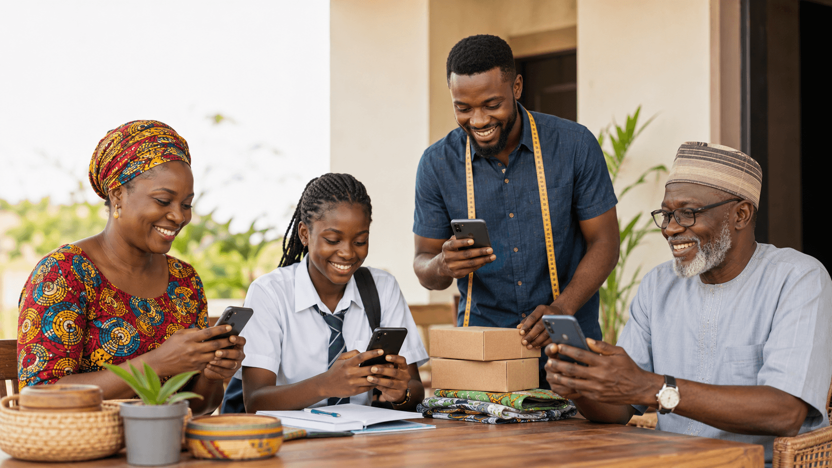 Ghanaian family and small business buyers checking phones around a table